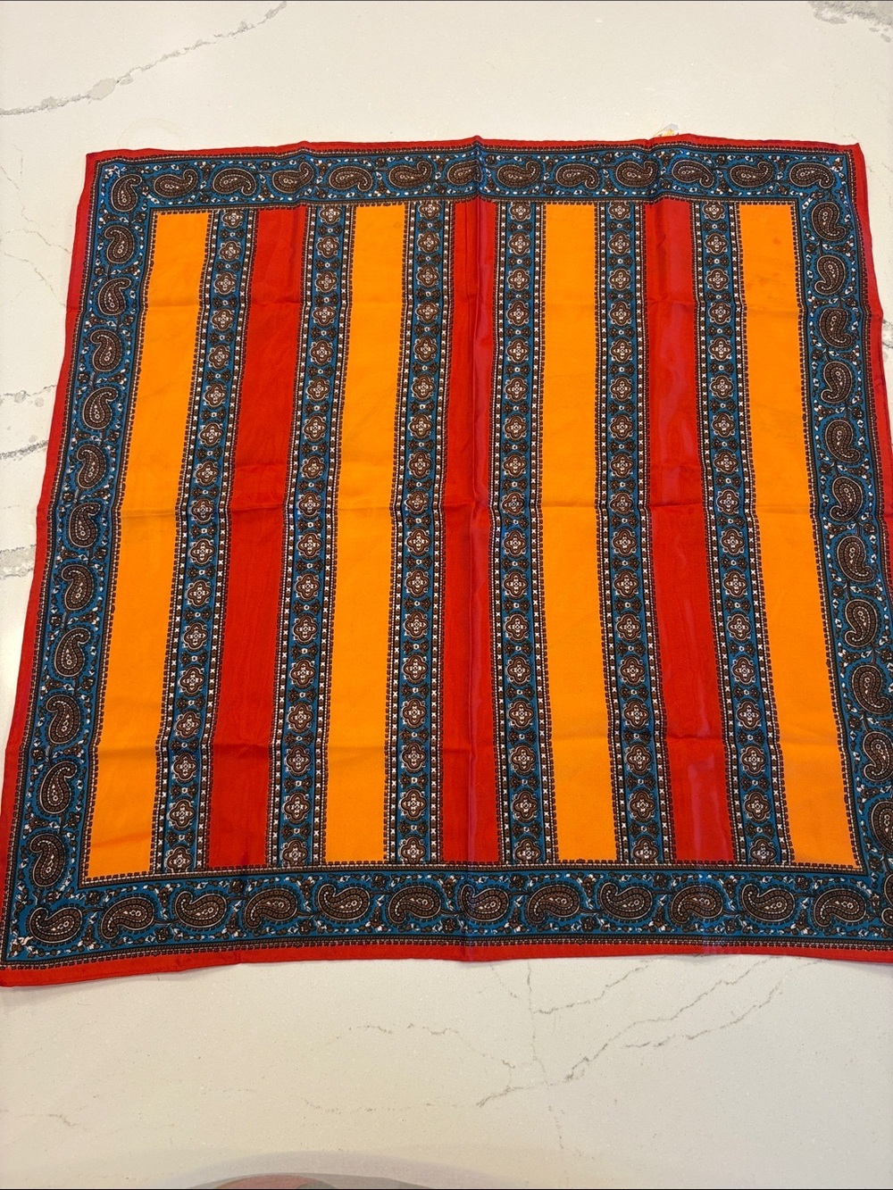 Striped Paisley Silk Scarf in Orange & Red 22 by 23
